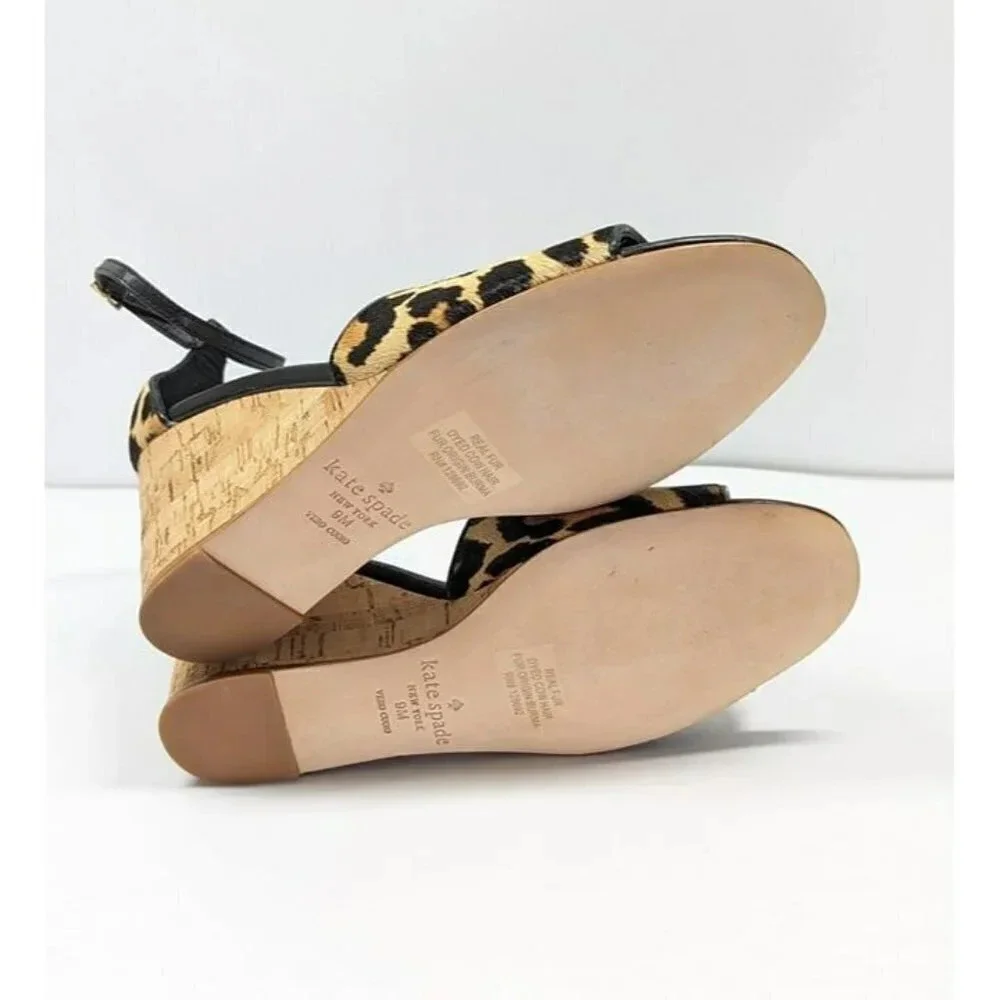 Kate Spade Women's Lonnie Leopard Calf Hair Wedge Sandals Size 9 M (MSRP $198)